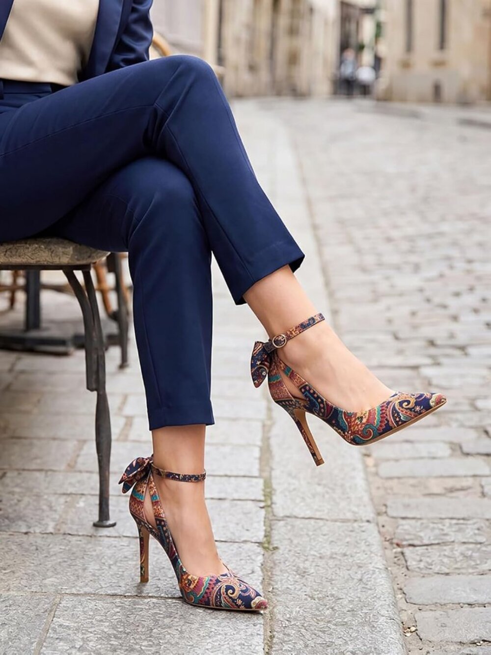 Women's Multicolor Pointed Toe High Heels Ankle Strap Sexy Bowtie Back Sandals - Picture 4 of 6